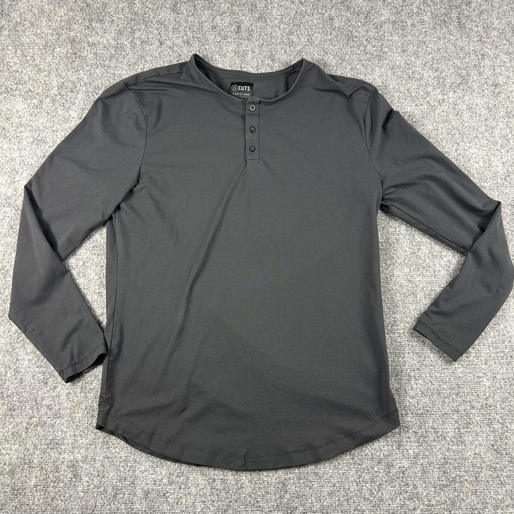 Cuts Henley Shirt Mens XL Black‎ Long Sleeve Curve-Hem PYCA Pro Casual Top